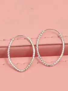 LeCalla 925 Sterling Silver Rhodium Plated Diamond-Cut Texture Oval Hoop Earrings