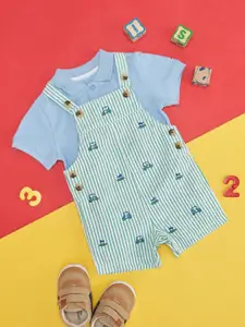Pantaloons Baby Infant Boys Striped Pure Cotton Dungaree With T-Shirt