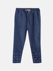 MANZON Girls Straight Fit Mid Rise Embellished Clean Look Cotton Jeans