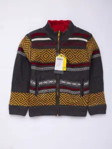 Yellow Apple Boys Ethnic Motifs Printed Mock Collar Woollen Front-Open Sweater