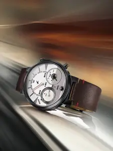 Fastrack Gambit Micromotor White Dial Brown Leather Strap Analog Watch for Men 3309NL01