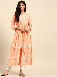 all about you Peach-Coloured Ethnic Motifs Printed Gotta Patti Detail Cotton A-Line Kurta