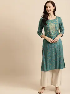 all about you Green Floral Foil Printed Thread Work Detailed Liva Straight Kurta