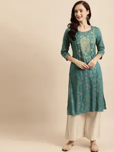 all about you Green Floral Foil Printed Thread Work Detailed Liva Straight Kurta