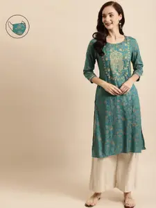 all about you Green Floral Foil Printed Thread Work Detailed Liva Straight Kurta