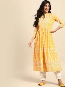 all about you Yellow Ethnic Motifs Printed Gotta Patti Detailed Cotton A-Line Kurta