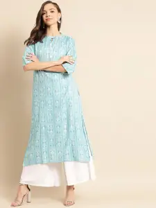 all about you Blue Ethnic Motifs Printed Gotta Patti Detailed Liva Straight Kurta