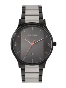 Sonata Men Patterned Dial & Stainless Steel Bracelet Style Straps Analogue Watch 77105KM01