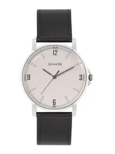 Sonata Men Leather Essen Analogue Watch 77083SL08-Silver