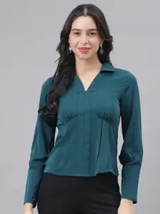 Latin Quarters Shirt Collar Gathers and Pleats Crop Cuffed Sleeves Empire Top