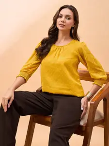 all about you Yellow Self Design Round Neck Cuffed Sleeves Regular Top