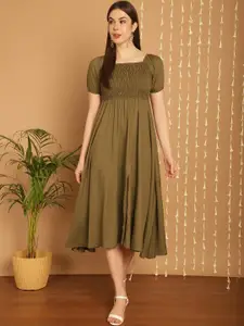 BAESD Square Neck Puff Sleeve Smocked Empire Midi Dress