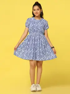 FASHION DREAM Girls Floral Print Peter Pan Collar Puff Sleeves Chiffon Fit & Flare Dress