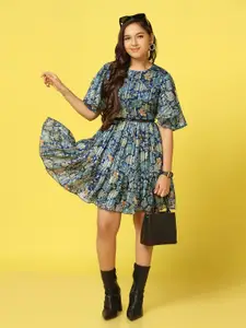 FASHION DREAM Girls Floral Print Flared Sleeve Georgette Fit & Flare Dress