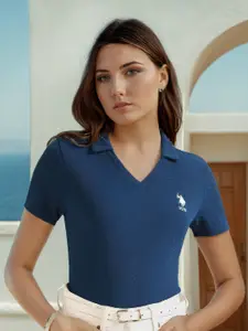 U.S. Polo Assn. Women Self Design Textured V Neck Casual T-shirt