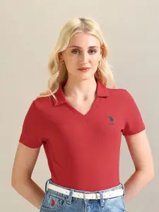 U.S. Polo Assn. Women Self Design Textured V Neck Casual T-shirt