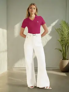 U.S. Polo Assn. Women Self Design Textured V Neck Casual T-shirt