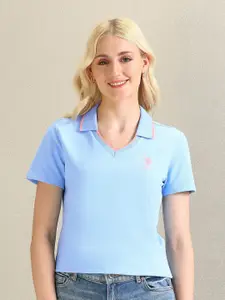 U.S. Polo Assn. Women Self Design Textured V Neck Casual T-shirt
