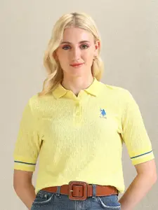 U.S. Polo Assn. Women Self Design Textured Ribbed Polo Collar Casual T-shirt