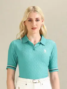 U.S. Polo Assn. Women Textured Self Design Polo Collar Casual T-shirt