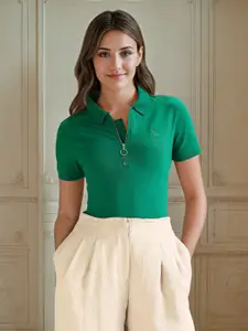 U.S. Polo Assn. Women Zipper Placket Polo Collar Casual T-shirt