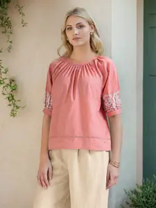 U.S. Polo Assn. Women Floral Embroidered Puff Sleeves Gathered or Pleated Pure Cotton Top