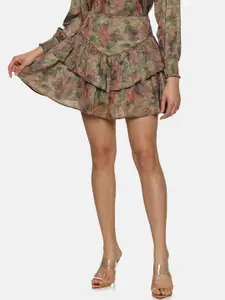 ISU Floral Printed Ruffled Mini Flared Skirt