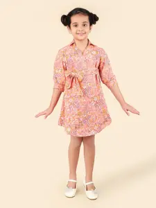 Fabindia Girls Floral Printed Shirt Collar Tie-Ups Cotton A-Line Dress