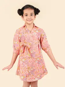 Fabindia Girls Floral Printed Shirt Collar Cotton A-Line Dress