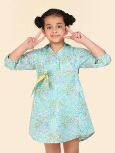 Fabindia Girls Floral Printed Shirt Collar Tie-Ups Cotton A-Line Dress