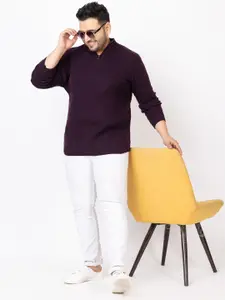 KVETOO Striped Acrylic Pullover with Zip Detail Detail Plus Size Sweater