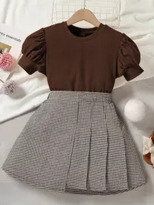 BAESD Girls Checked Puff Sleeves Fit & Flare Dress