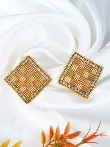 DressBerry Gold-Plated Rhinestone-Studded Square Shaped Studs Earrings