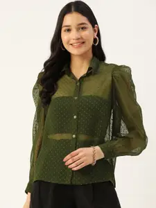 Slenor Self Design Shirt Collar Puff Sleeves Shirt Style Top
