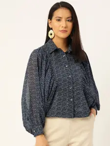 Slenor Floral Printed Shirt Collar Puff Sleeves Shirt Style Top