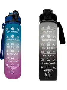 WELOUR Blue & Grey 2 Pieces Typography Printed Glass Water Bottle 1l