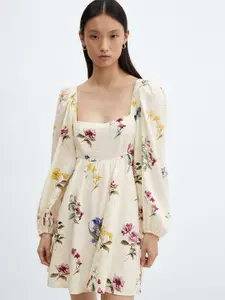 MANGO Floral Print Puff Sleeve Linen A-Line Mini Dress
