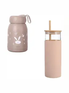 WELOUR Pink & Brown 2 Pieces Typography Printed Glass Water Bottles 500 ml Each
