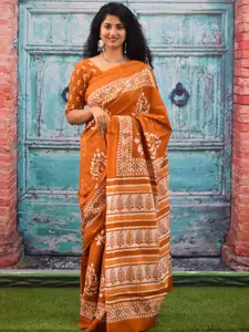 KIAARON Ethnic Motifs Block Print Pure Cotton Saree