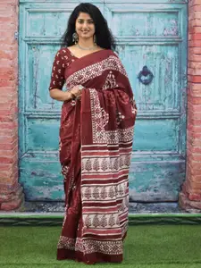 KIAARON Ethnic Motifs Pure Cotton Block Print Saree