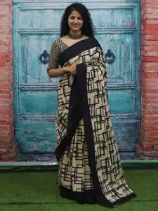 KIAARON Pure Cotton Geometric Block Print Saree