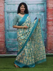 KIAARON Pure Cotton Geometric Block Print Saree