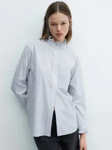 MANGO Cotton Mandarin Collar Striped Casual Shirt