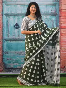 KIAARON Geometric Pure Cotton Block Print Saree