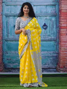 KIAARON Geometric Pure Cotton Block Print Saree