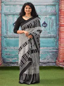 KIAARON Striped Pure Cotton Block Print Saree