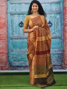 KIAARON Striped Block Print Pure Cotton Saree
