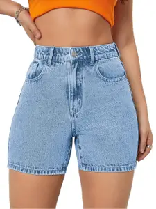 AAHWAN Women Washed Slim Fit High-Rise Cotton Denim Shorts