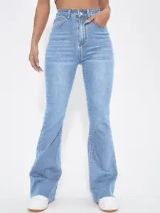 AAHWAN Women High-Rise Light Fade Clean Look Stretchable Denim Flared Jeans