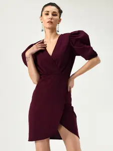 BAESD V-Neck Short Puff Sleeve Wrap Mini Dress